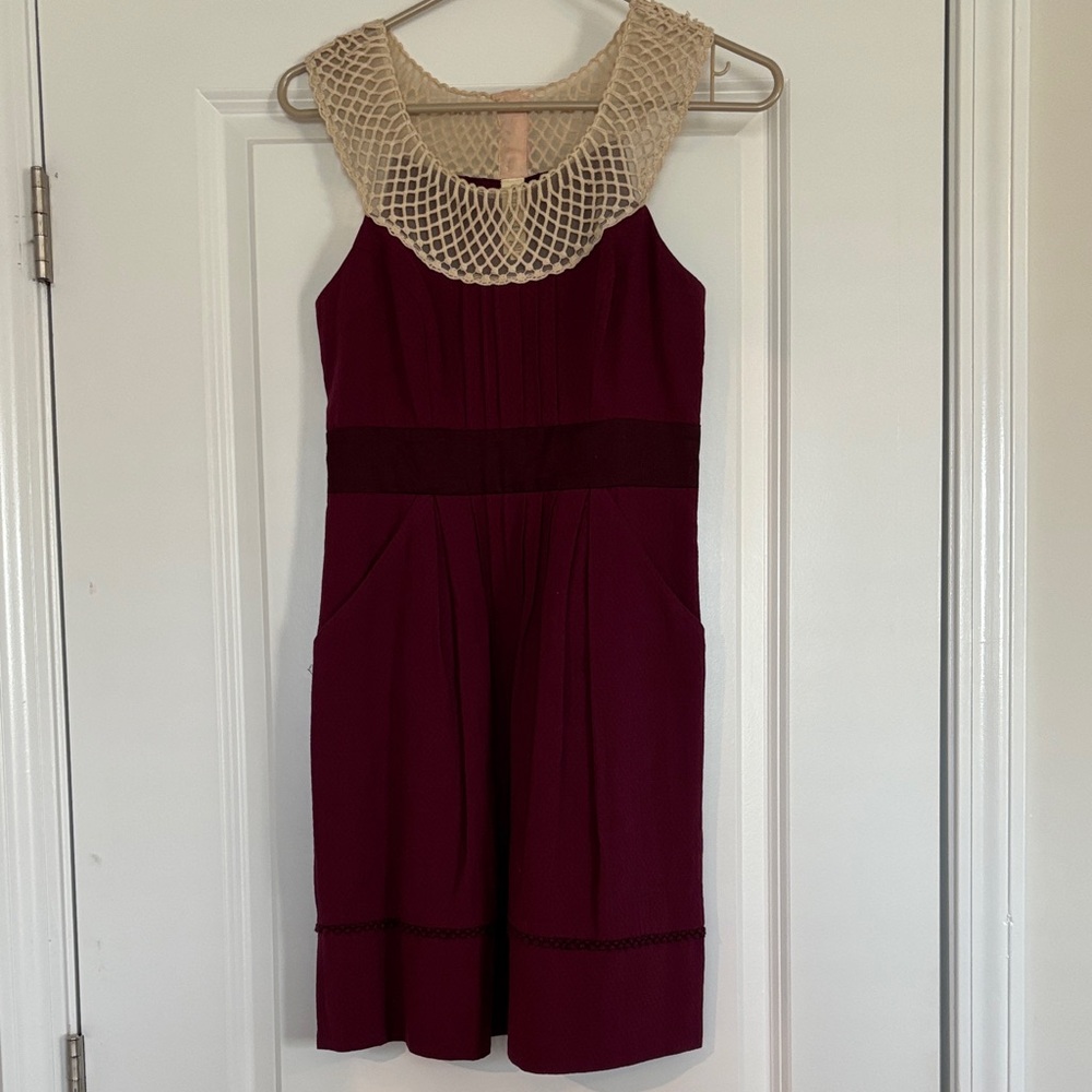 Anthropologie Floreat Maroon Dress with Beige Mesh Detail
